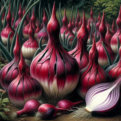 Italian Red Torpedo Onion growing in a garden