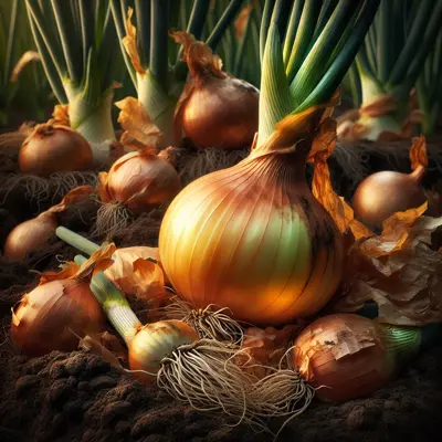 Yellow Sweet Spanish Onion growing in a garden