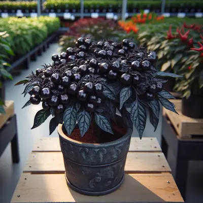 Black Pearl Ornamental Pepper growing in a garden