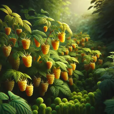 Fall Gold Everbearing Raspberry growing in a garden