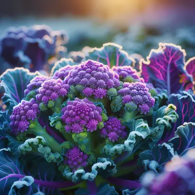 Purple Sprouting Broccoli 'Early Purple Sprouting' growing in a garden
