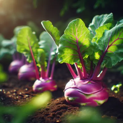 Purple Vienna Kohlrabi growing in a garden