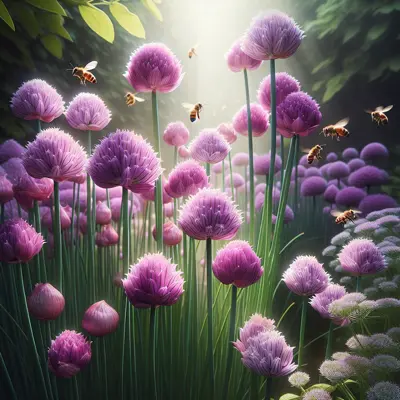 Allium schoenoprasum 'Purly' growing in a garden
