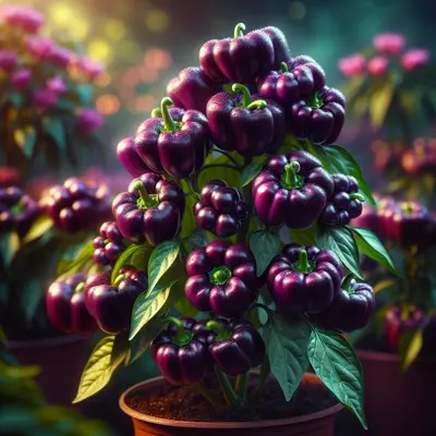 Purple Beauty Bell Pepper growing in a garden