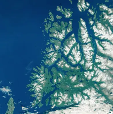 Satellite view of icy fjords and mountains