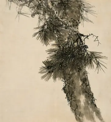 Ink wash painting of a pine tree branch