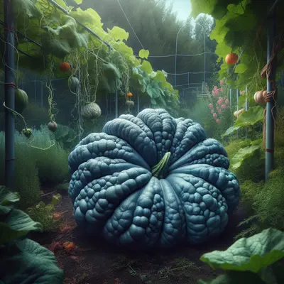 Blue Hubbard Squash growing in a garden