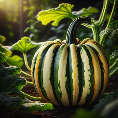 Carnival Acorn Squash growing in a garden