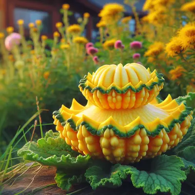 Pattypan Squash (Sunburst) growing in a garden