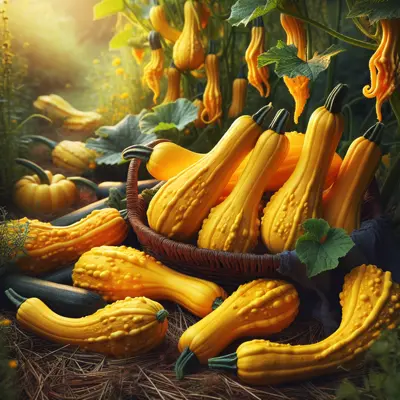 Yellow Crookneck Summer Squash growing in a garden