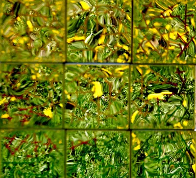 Green and yellow patterns are shown through glass squares.