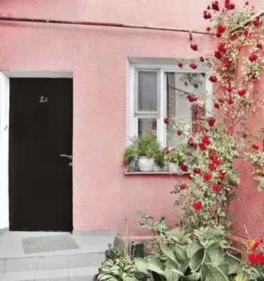 Pink building with black door and red roses.